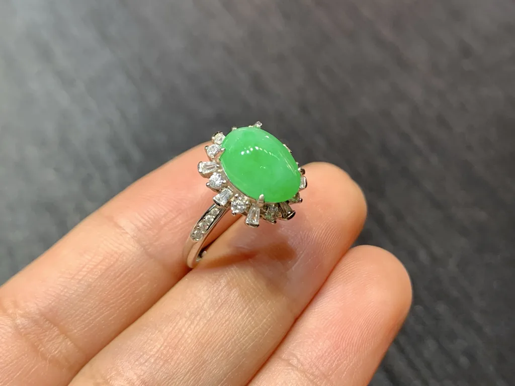 Icy Vivid Green Natural Jadeite Cabochon Ring — S925 Silver · No. D05F (photo 4)