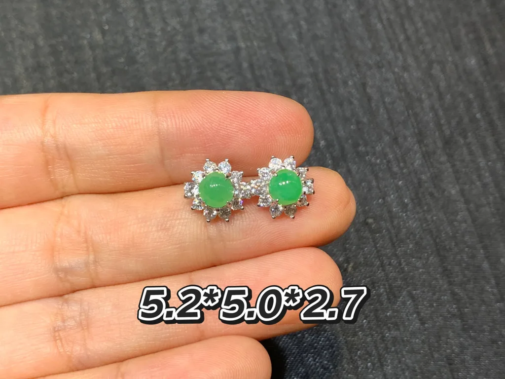 Icy Fresh Vivid Green Natural Jadeite Cabochon Stud Earrings — S925 Silver · No. 4E9A (photo 1)