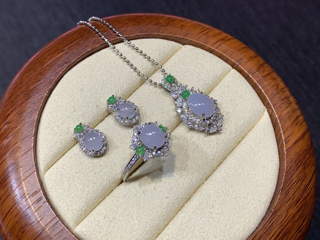 Icy Lavender Cabochon Natural Jadeite Three-Piece Cabochon Set — S925 Silver · No. 374A (photo 4)