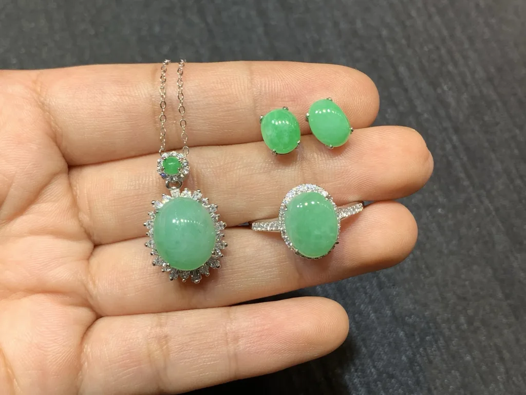 Full Green Natural Jadeite Cabochon Set — S925 Silver · No. 92B5 (photo 4)