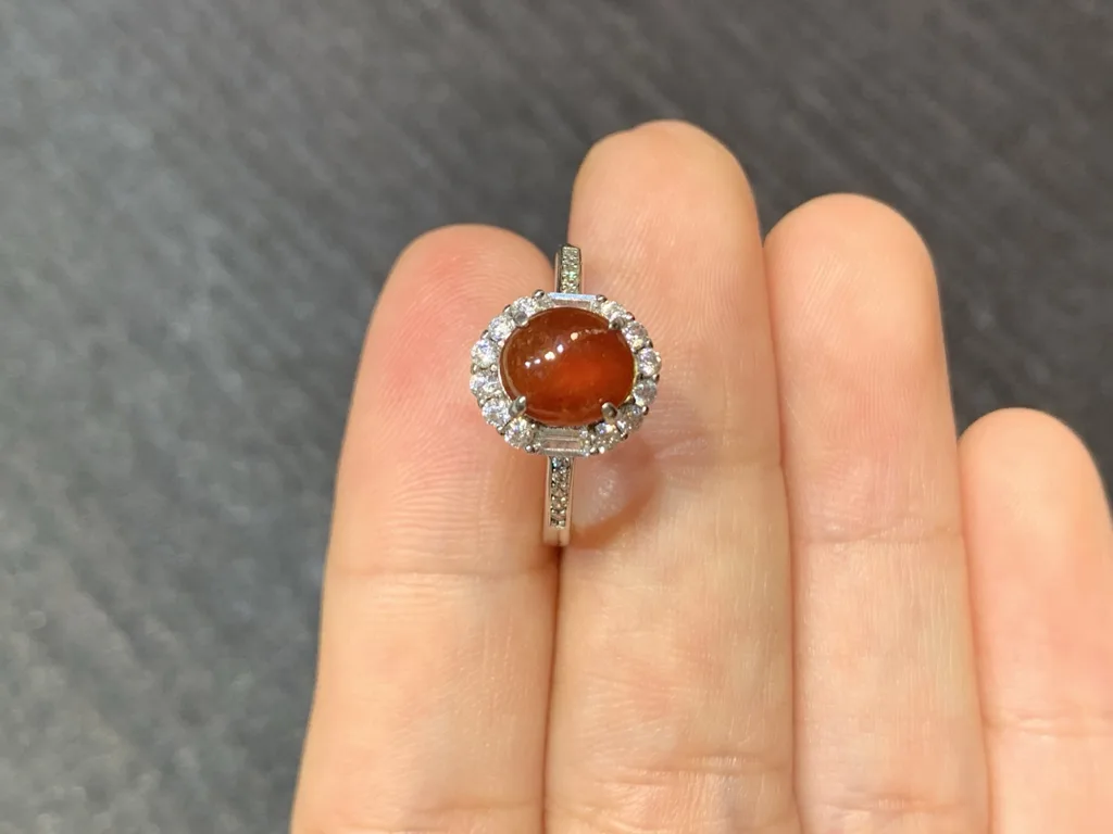 Icy Russet Red Natural Jadeite Cabochon Ring — S925 Silver · No. 5F4D (photo 3)