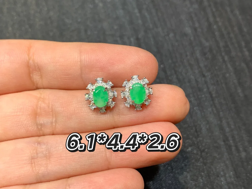 Icy Soft Vivid Green Natural Jadeite Cabochon Stud Earrings — S925 Silver · No. BAA3 (photo 1)