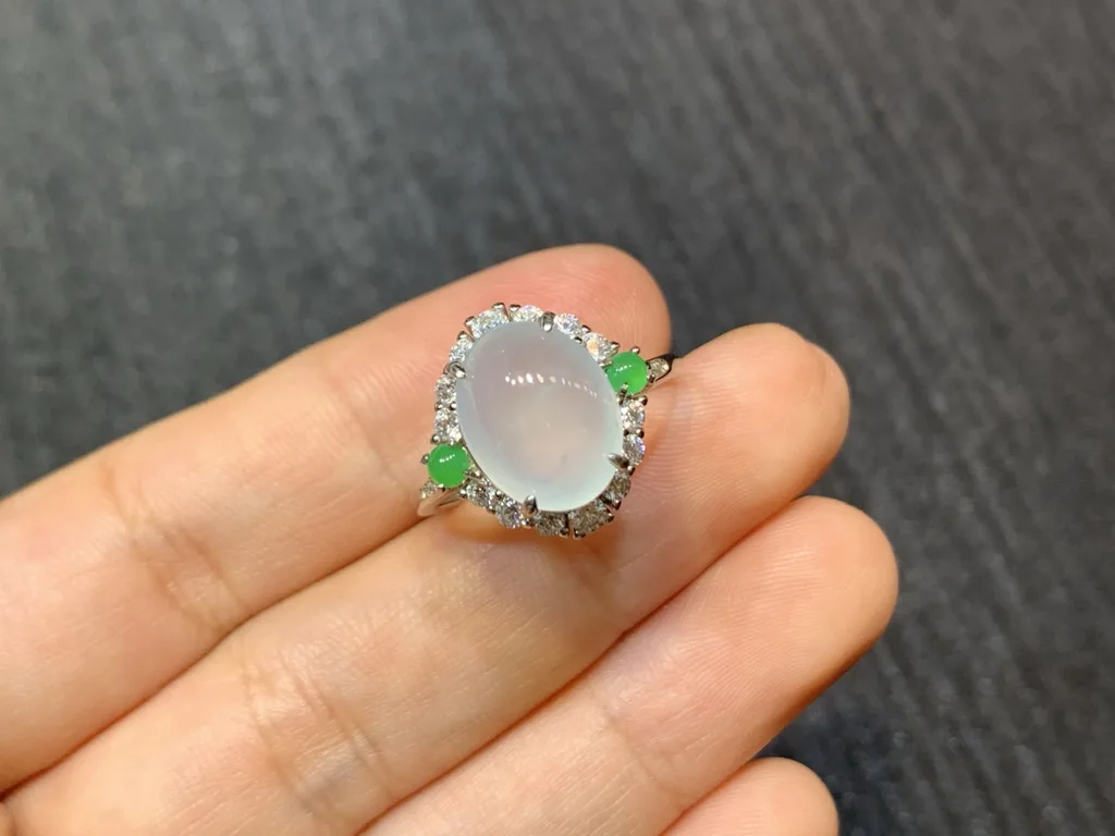 High-Icy Glowing Natural Jadeite Cabochon Ring — S925 Silver · No. 96B6 (photo 2)