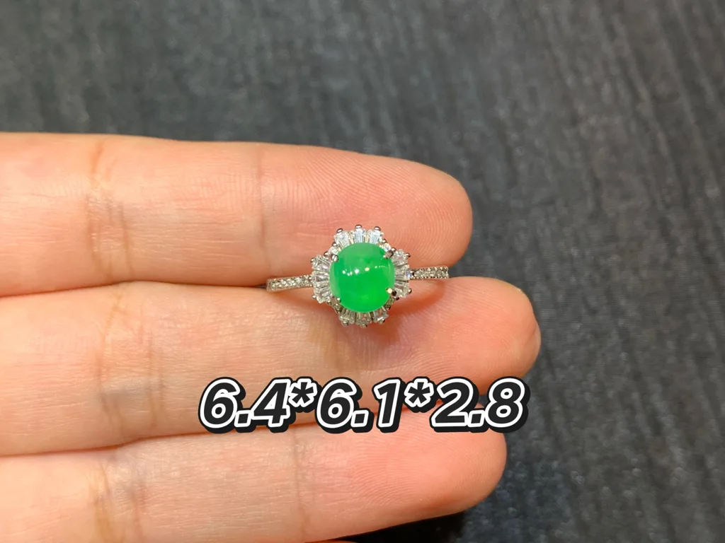 Icy Vivid Green Natural Jadeite Cabochon Ring — S925 Silver · No. CF91 (photo 1)