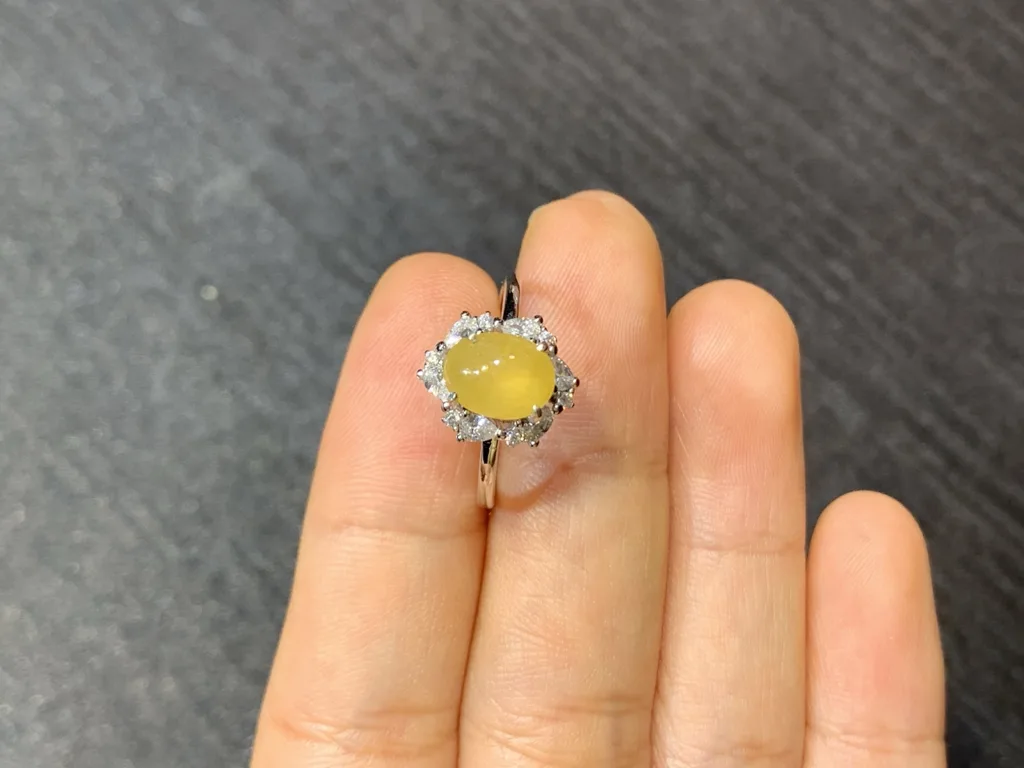 High-Icy Honey Yellow Natural Jadeite Cabochon Ring — S925 Silver · No. A6C1 (photo 3)