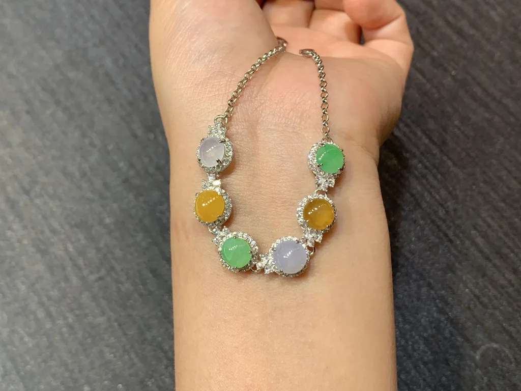 High-Icy Multicolor Natural Jadeite Cabochon Bracelet — S925 Silver · No. 42B9 (photo 3)