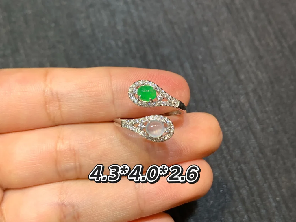 High-Icy White and Green Natural Jadeite Cabochon Ring — S925 Silver · No. 93B5 (photo 1)