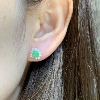 Icy Fresh Vivid Green Natural Jadeite Cabochon Stud Earrings — S925 Silver · No. 4E9A (photo 5)