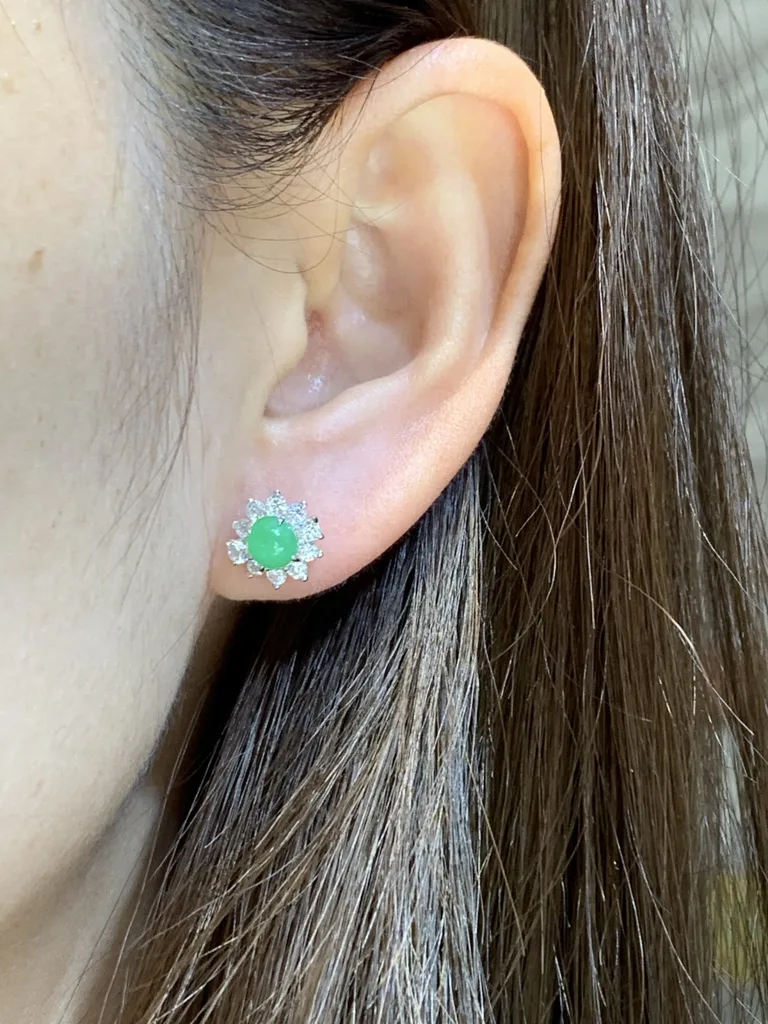 Icy Fresh Vivid Green Natural Jadeite Cabochon Stud Earrings — S925 Silver · No. 4E9A (photo 5)