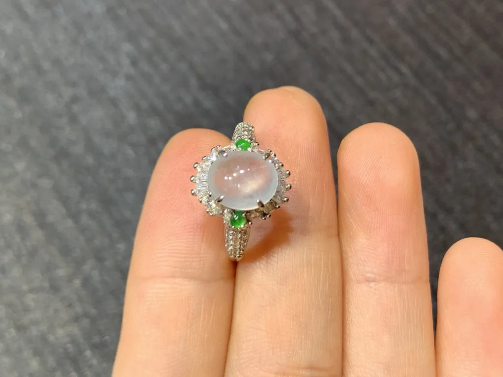 High-Icy Glowing Natural Jadeite Cabochon Ring — S925 Silver · No. A8B5 (photo 3)
