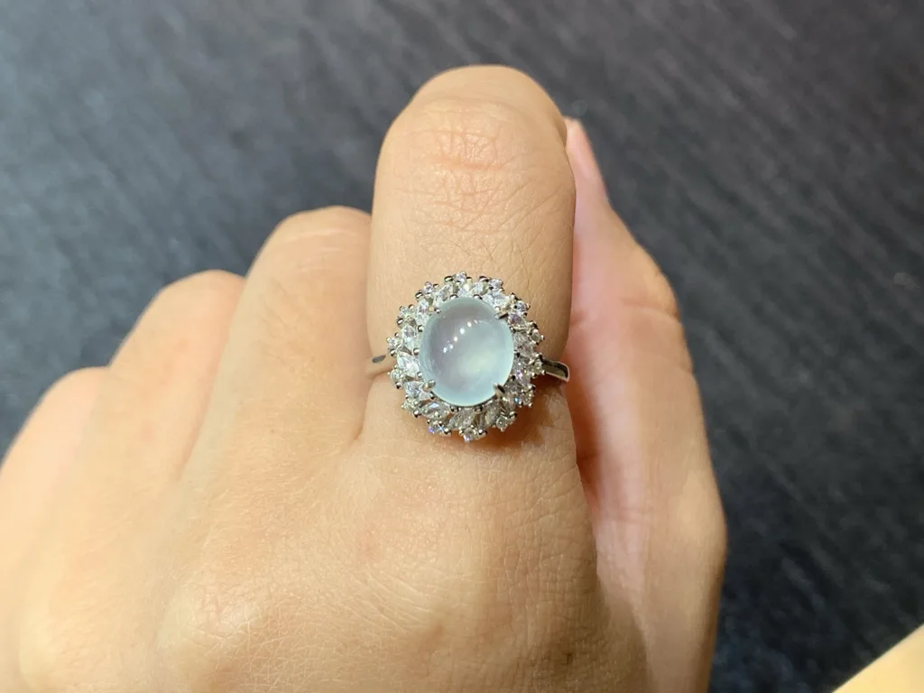 High-Icy Glowing Natural Jadeite Cabochon Ring — S925 Silver · No. CAAA (photo 5)