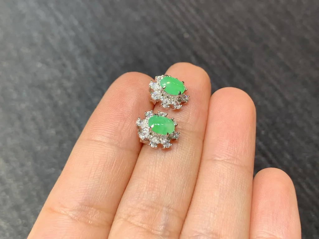 Icy Soft Vivid Green Natural Jadeite Cabochon Stud Earrings — S925 Silver · No. BAA3 (photo 4)