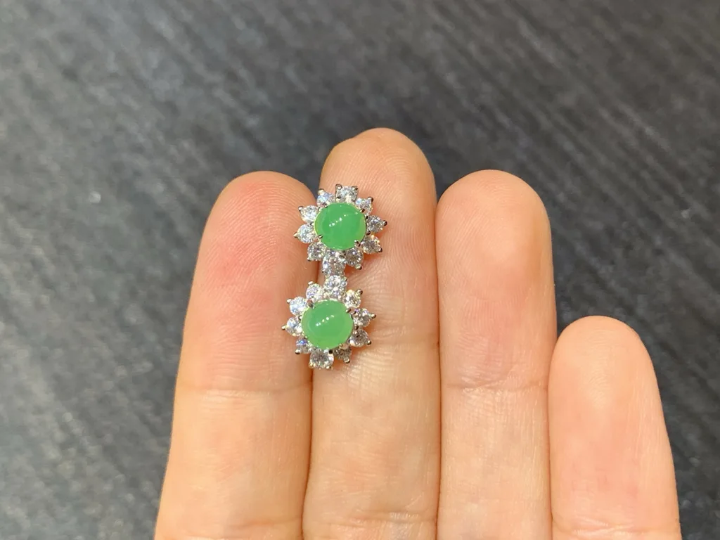 Icy Fresh Vivid Green Natural Jadeite Cabochon Stud Earrings — S925 Silver · No. 4E9A (photo 3)