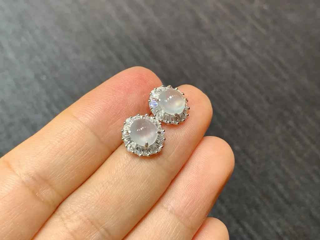 High-Icy Glowing Natural Jadeite Cabochon Stud Earrings — S925 Silver · No. 3180 (photo 4)