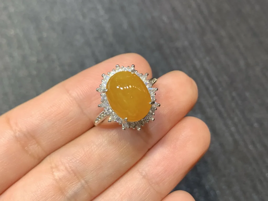 High-Icy Honey Yellow Natural Jadeite Cabochon Ring — S925 Silver · No. 64A9 (photo 2)