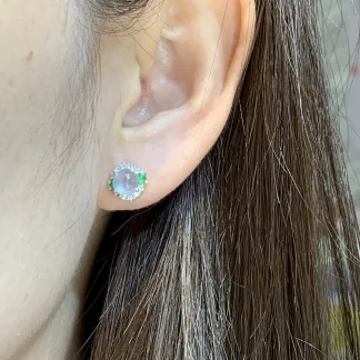 High-Icy Glowing Natural Jadeite Cabochon Stud Earrings — S925 Silver · No. 2507 (photo 5)