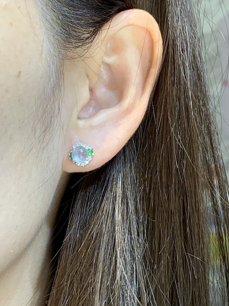 High-Icy Glowing Natural Jadeite Cabochon Stud Earrings — S925 Silver · No. 2507 (photo 5)
