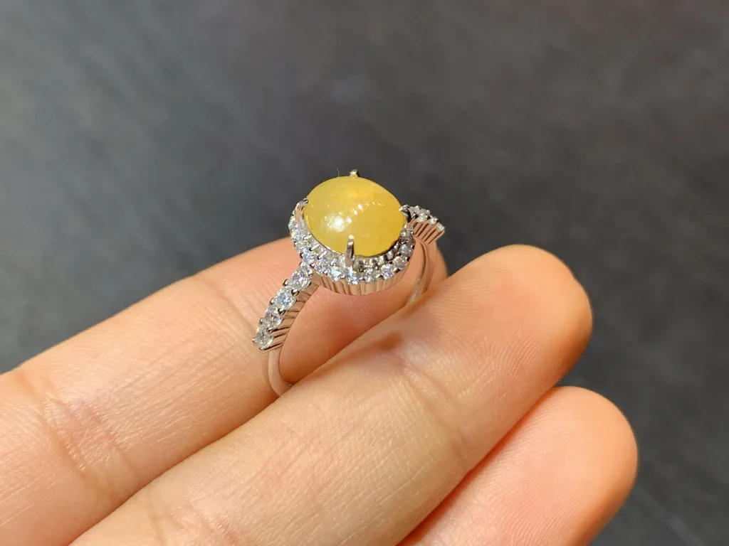 High-Icy Honey Yellow Natural Jadeite Cabochon Ring — S925 Silver · No. 220E (photo 4)