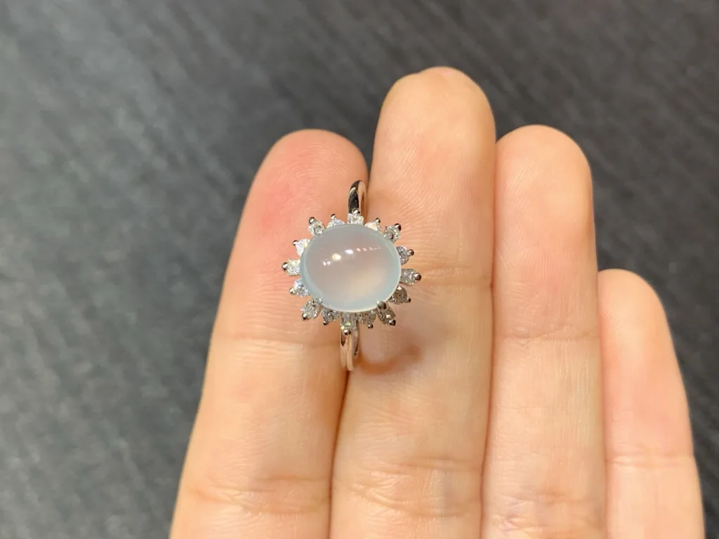 High-Icy Glowing Natural Jadeite Cabochon Ring — S925 Silver · No. 3BAA (photo 3)