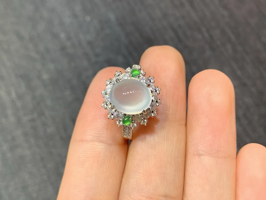 High-Icy Glowing Layered Cabochon Natural Jadeite Cabochon Ring — S925 Silver · No. 3570 (photo 3)