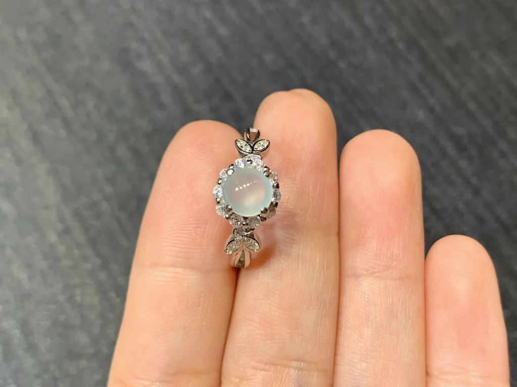 High-Icy Glowing Natural Jadeite Cabochon Ring — S925 Silver · No. D6DC (photo 3)