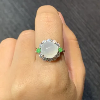 Icy Glowing Natural Jadeite Cabochon Ring — S925 Silver · No. B2C7