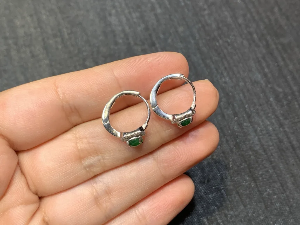 High-Icy Intense Vivid Green Natural Jadeite Cabochon Huggie Earrings — S925 Silver · No. D697 (photo 4)
