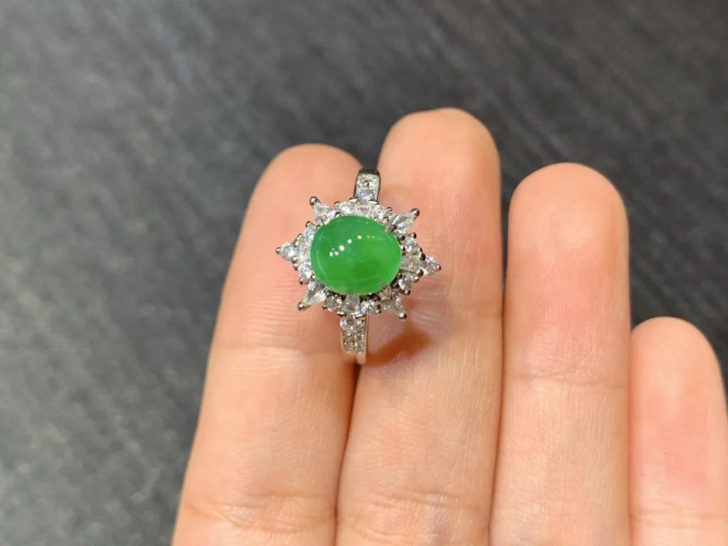 Icy Vivid Green Natural Jadeite Cabochon Ring — S925 Silver · No. 20A6 (photo 3)
