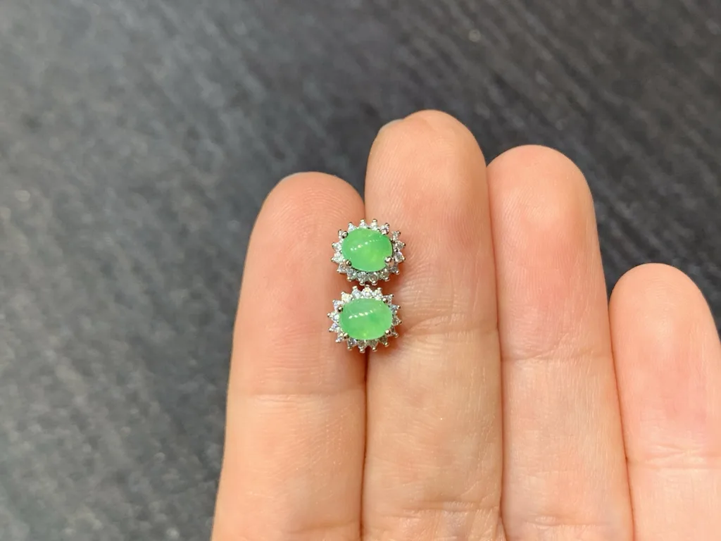 Icy Soft Green Natural Jadeite Cabochon Stud Earrings — S925 Silver · No. B103 (photo 3)