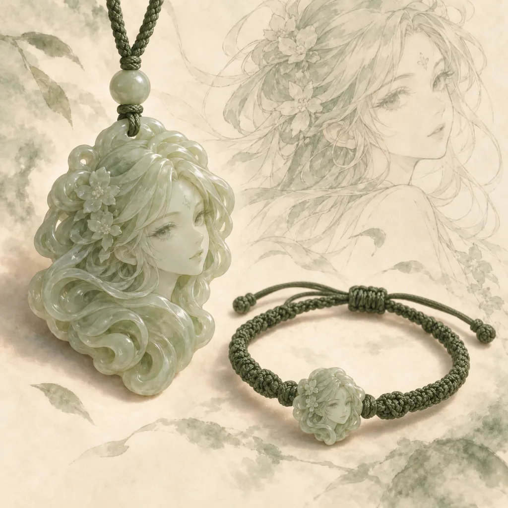 Ilustrasyon ng konsepto ng pasadyang anime na alahas, hindi natapos na order; nag-iiba ang jade at detalye.