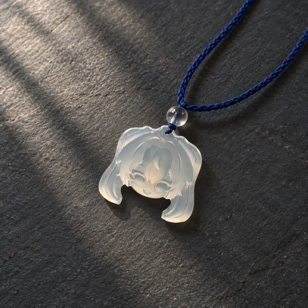 AI-enhanced wider flat-lay of Hatsune Miku head pendant D37B and navy cord on dark slate