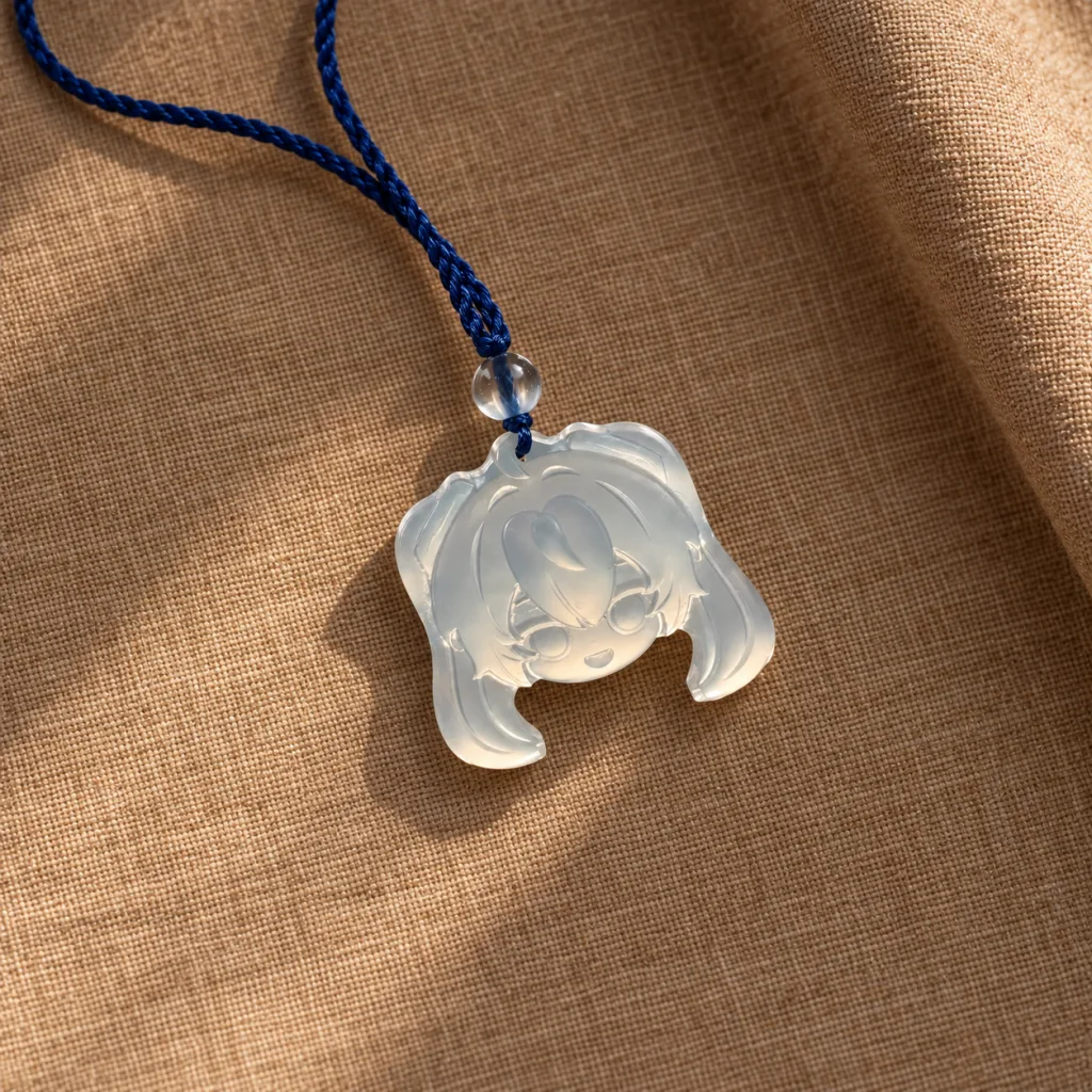AI-enhanced wider flat-lay of Hatsune Miku head pendant D37B and navy cord on warm brown linen