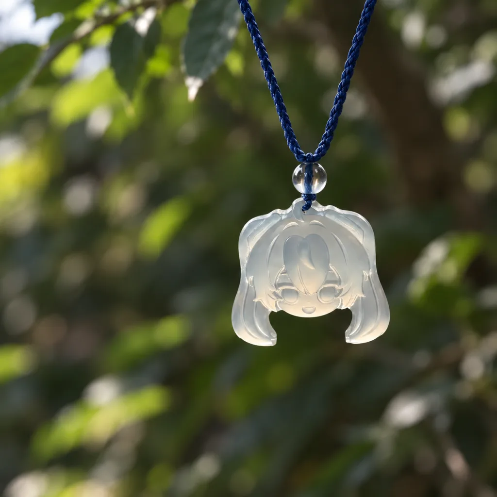 AI-enhanced wider outdoor view of Hatsune Miku head pendant D37B against green foliage