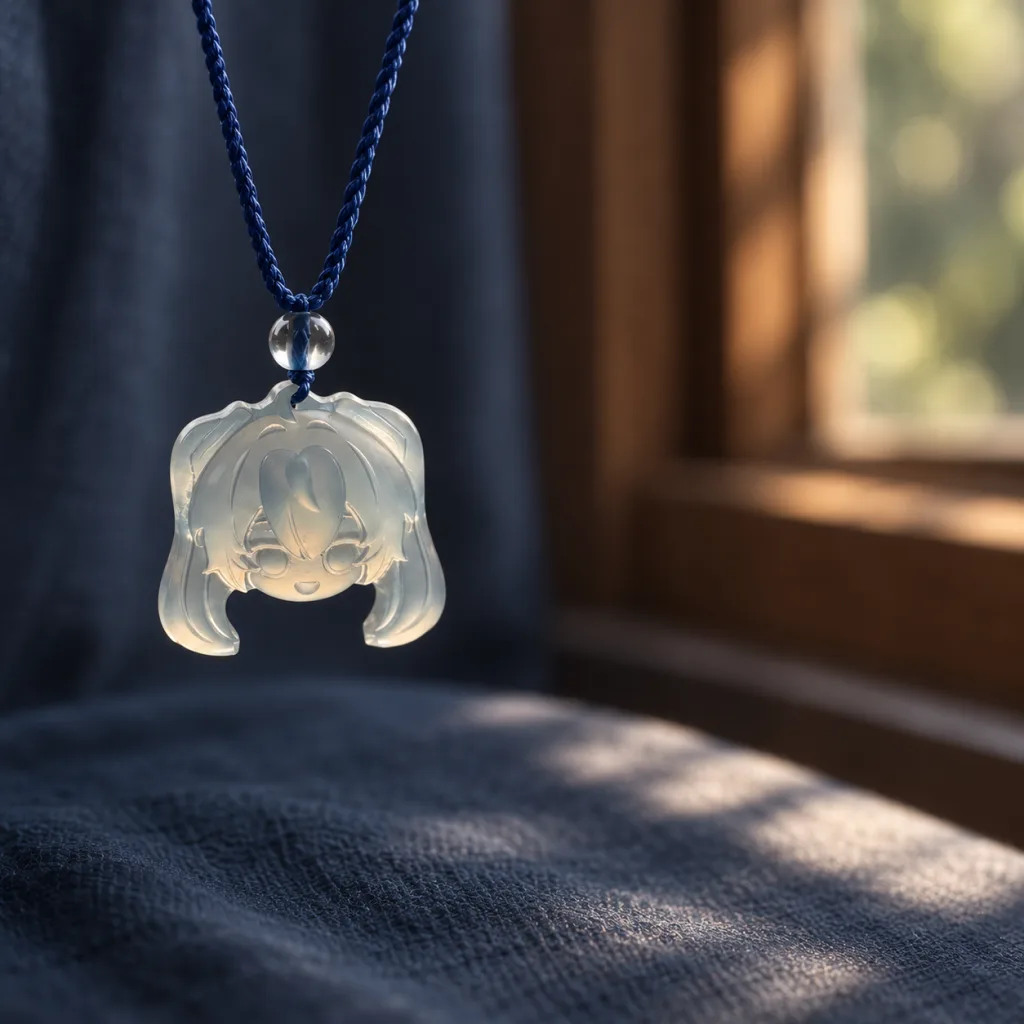 AI-enhanced wider window-light view of Hatsune Miku head pendant D37B with a navy cord against blue-grey fabric