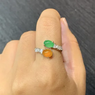 High-Icy Orange Yellow and Green Natural Jadeite Cabochon Ring — S925 Silver · No. E61B