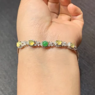 High-Icy Yellow and Green Natural Jadeite Cabochon Bracelet — S925 Silver · No. CAA8