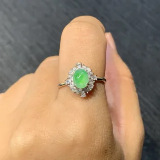 High-Icy Vivid Green Mottled Natural Jadeite Cabochon Ring — S925 Silver · No. 138E