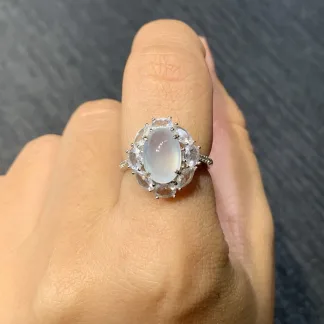 High-Icy Glowing Natural Jadeite Cabochon Ring — S925 Silver · No. 0F37