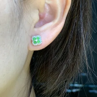 Icy Vivid Green Four-Leaf Clover Natural Jadeite Cabochon Stud Earrings — S925 Silver · No. 5CF9
