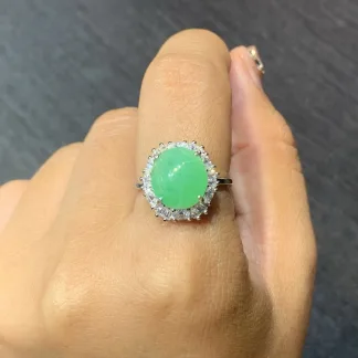 Icy Vivid Green Natural Jadeite Cabochon Ring — S925 Silver · No. 245A