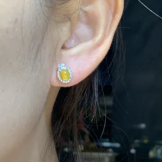 High-Icy Honey Yellow Natural Jadeite Cabochon Stud Earrings — S925 Silver · No. F07B