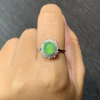High-Icy Vivid Green Natural Jadeite Cabochon Ring — S925 Silver · No. C8AE