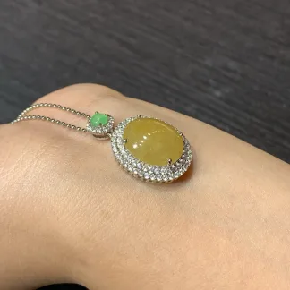 Icy Honey Yellow Natural Jadeite Cabochon Pendant — S925 Silver · No. 57CB