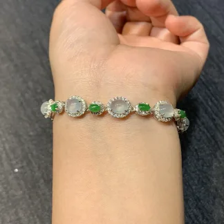 High-Icy White and Green Natural Jadeite Cabochon Bracelet — S925 Silver · No. CE59