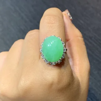 Icy Fresh Vivid Green Natural Jadeite Cabochon Ring — S925 Silver · No. 291E