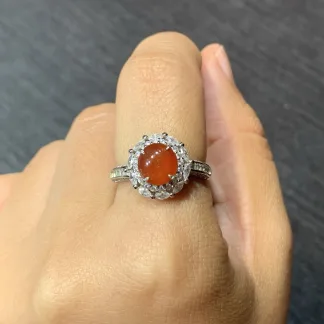 Icy Russet Red Natural Jadeite Cabochon Ring — S925 Silver · No. 18B9