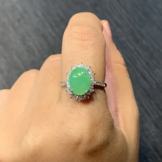 Icy Vivid Green Natural Jadeite Cabochon Ring — S925 Silver · No. 368E
