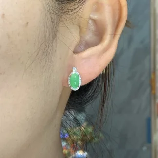 Icy Vivid Green Natural Jadeite Cabochon Stud Earrings — S925 Silver · No. 206D