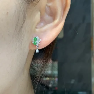 Icy Vivid Green Natural Jadeite Cabochon Stud Earrings — S925 Silver · No. 586E
