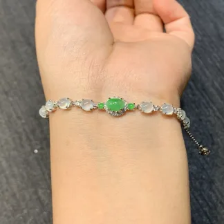High-Icy White and Green Natural Jadeite Cabochon Bracelet — S925 Silver · No. D735